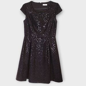 Calvin Klein Womens Dress Sz 6 Black Sequin Dress Cap Sleeves Fit Flare Glamcor3